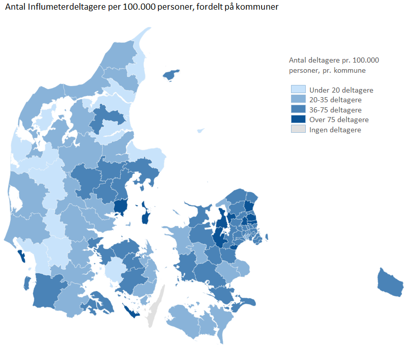 Antal Influmeterdeltagere per 100.000 personer, fordelt på kommuner