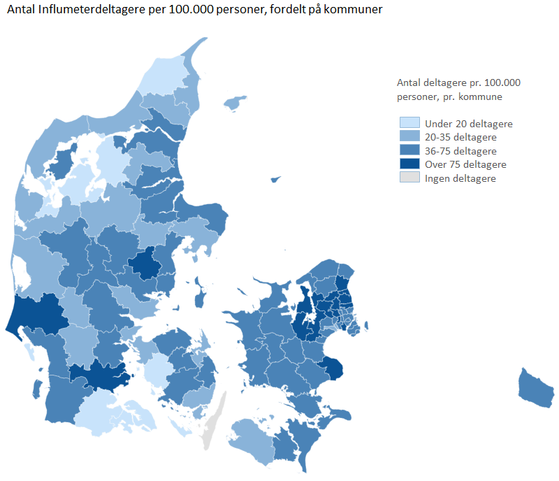 Antal Influmeterdeltagere per 100.000 personer, fordelt på kommuner