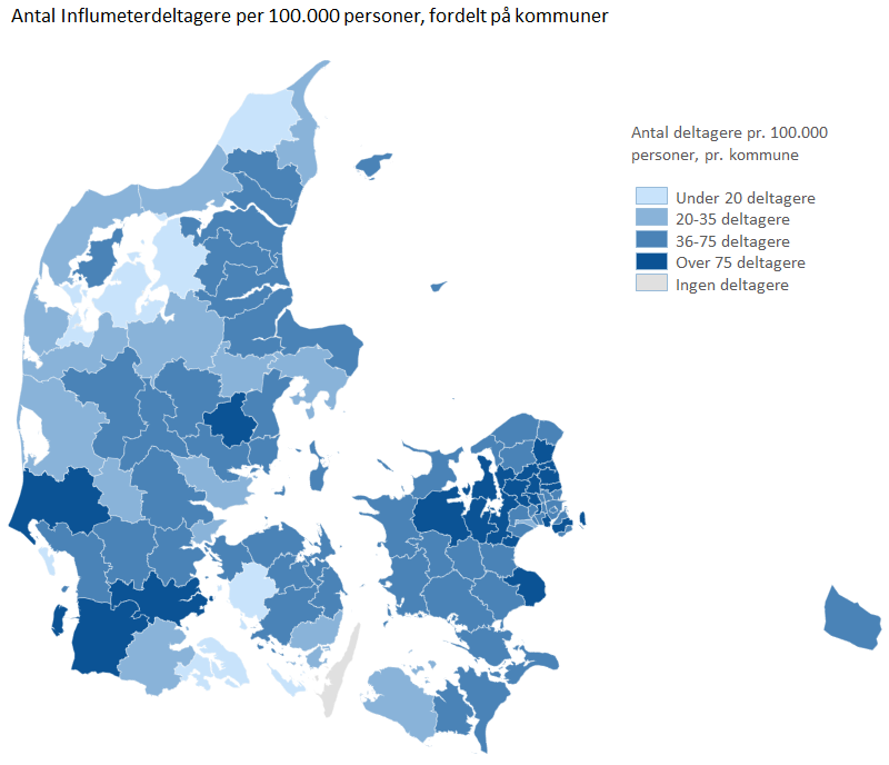 Antal Influmeterdeltagere per 100.000 personer, fordelt på kommuner