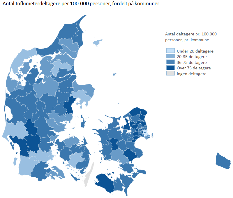 Antal Influmeterdeltagere per 100.000 personer, fordelt på kommuner