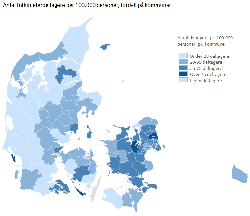 Antal Influmeterdeltagere per 100.000 personer, fordelt på kommuner