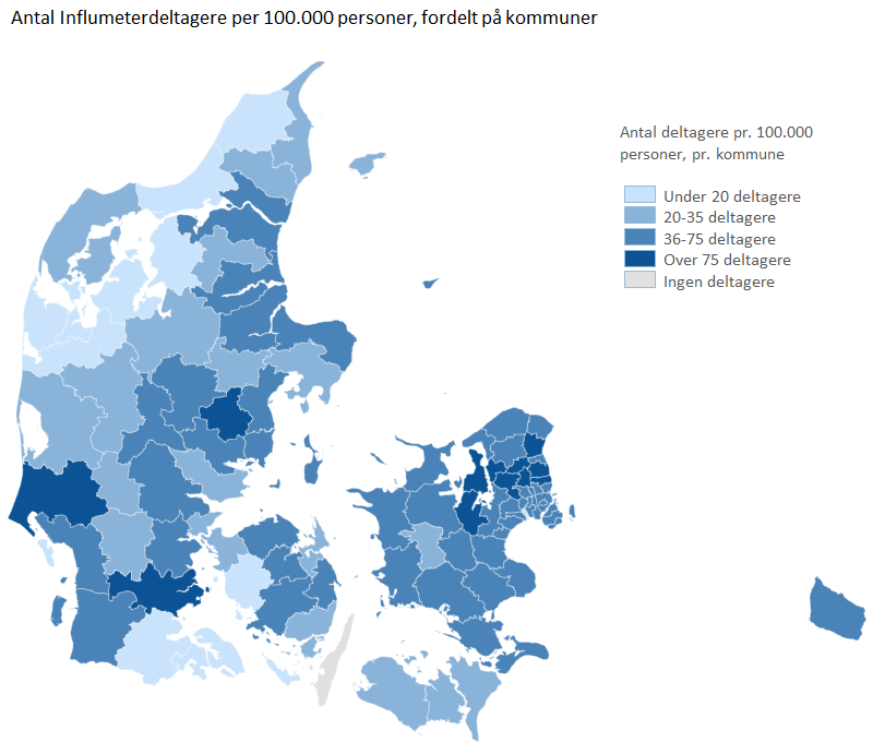 Antal Influmeterdeltagere per 100.000 personer, fordelt på kommuner