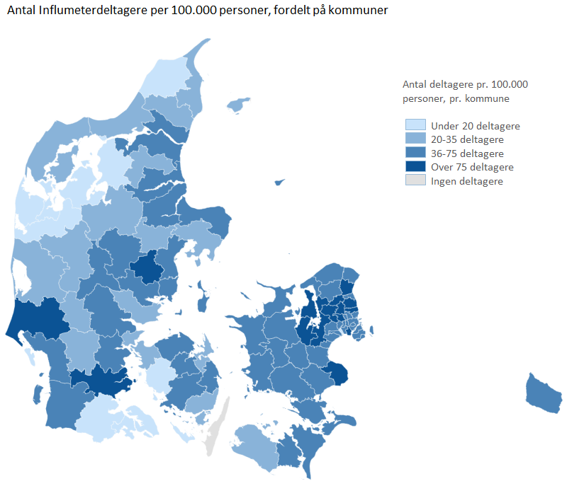 Antal Influmeterdeltagere per 100.000 personer, fordelt på kommuner